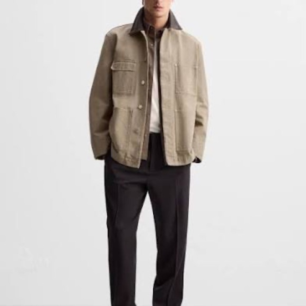 Zara Men's Washed Canvas Jacket with Dark Collar